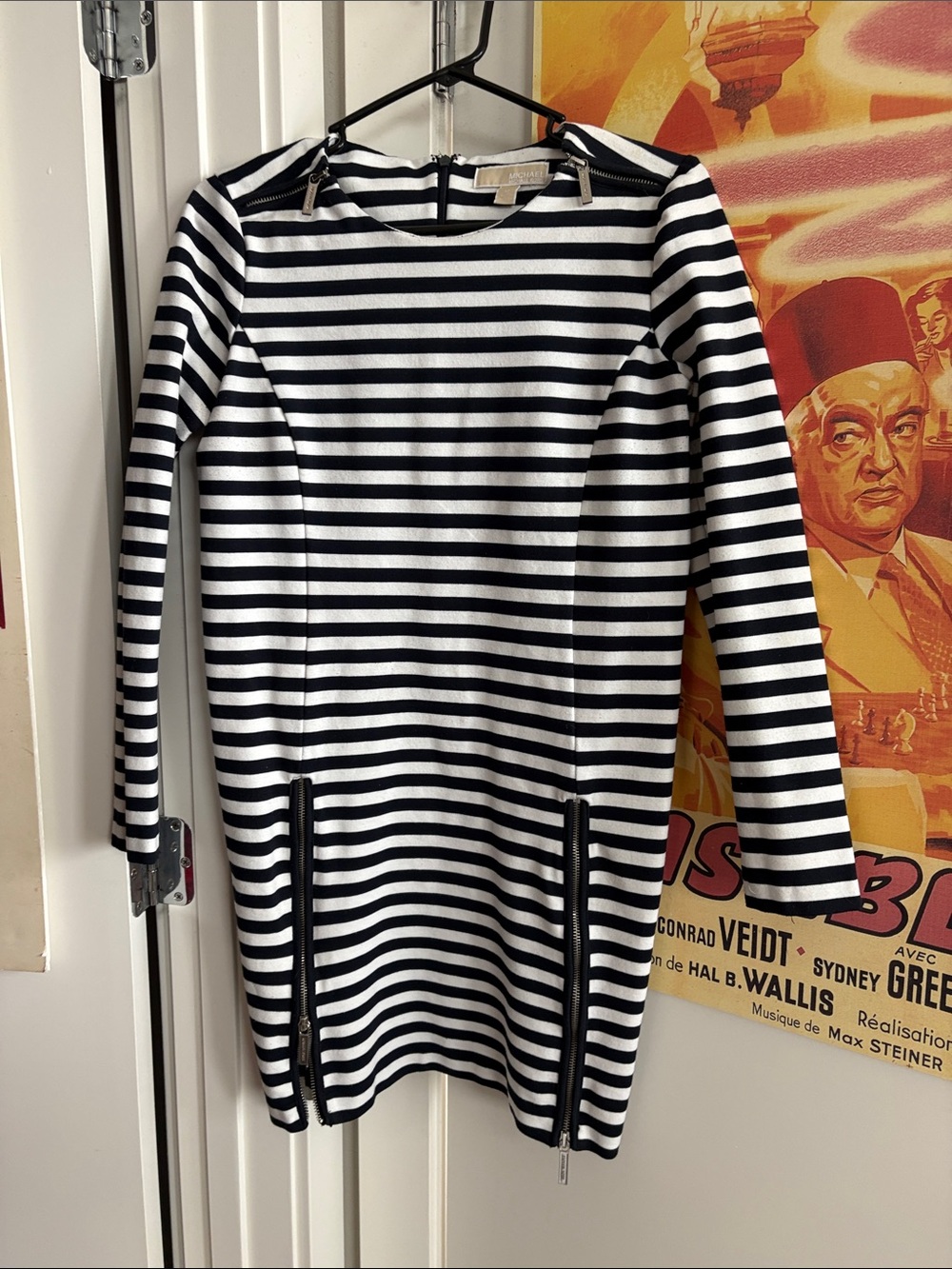 Michael Kors Black & White Striped Long-Sleeve Shift Dress with Zip Accents